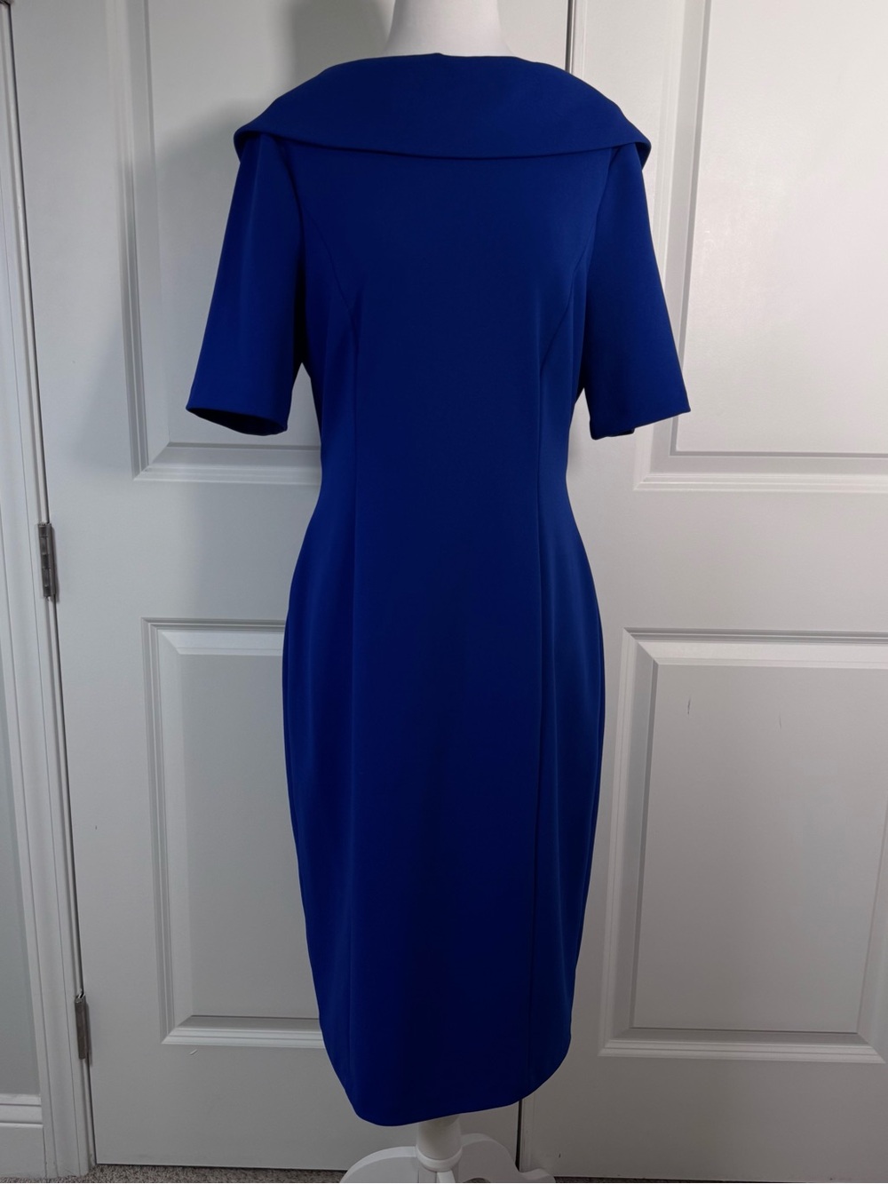 Adrianna Papell Cobalt Roll Neck Sheath Dress V Back Wedding Career Gala Size 10 - Picture 6 of 14